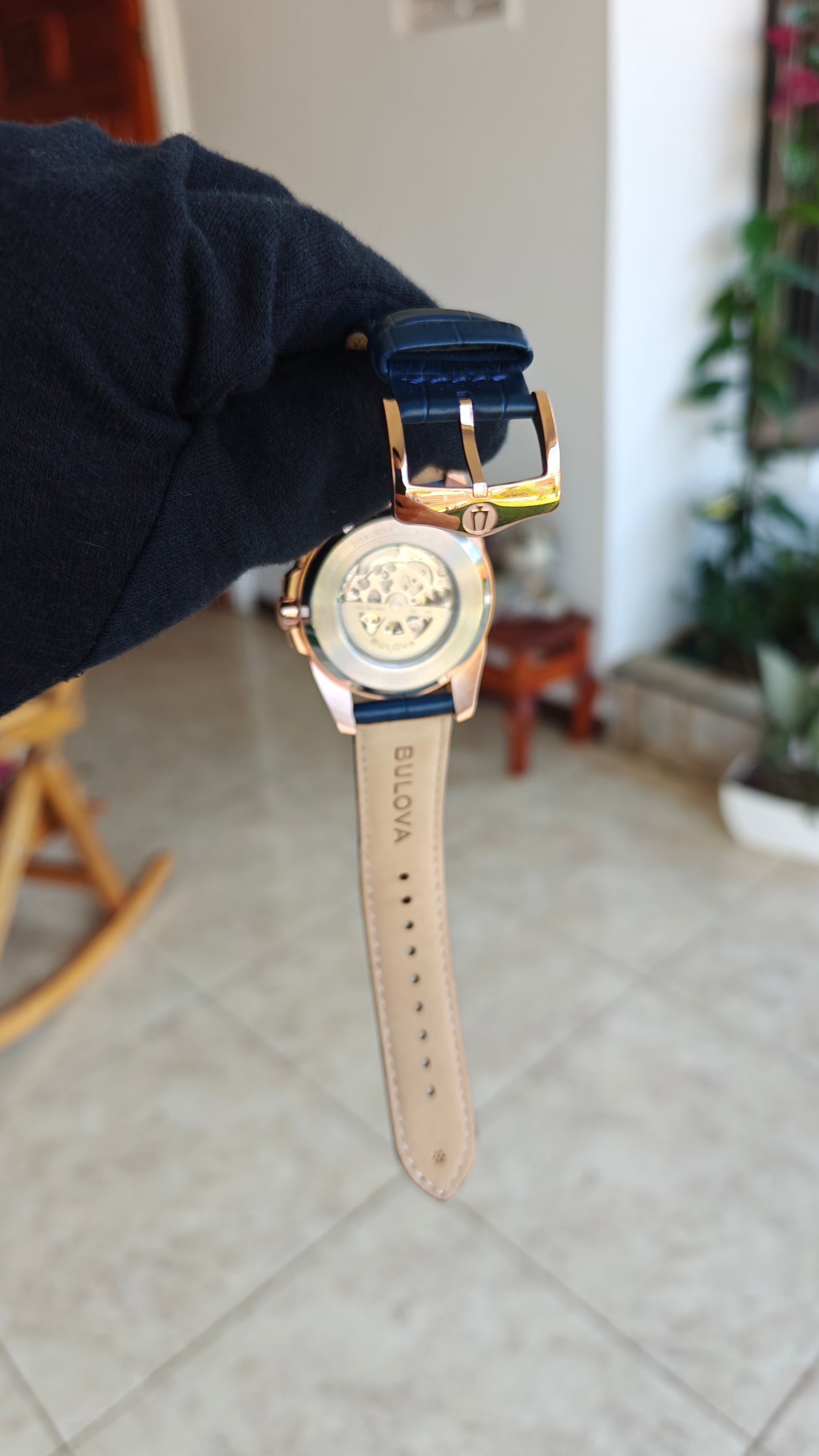 Bulova Sutton 97A161 – Automatic Skeleton Rose Gold & Blue