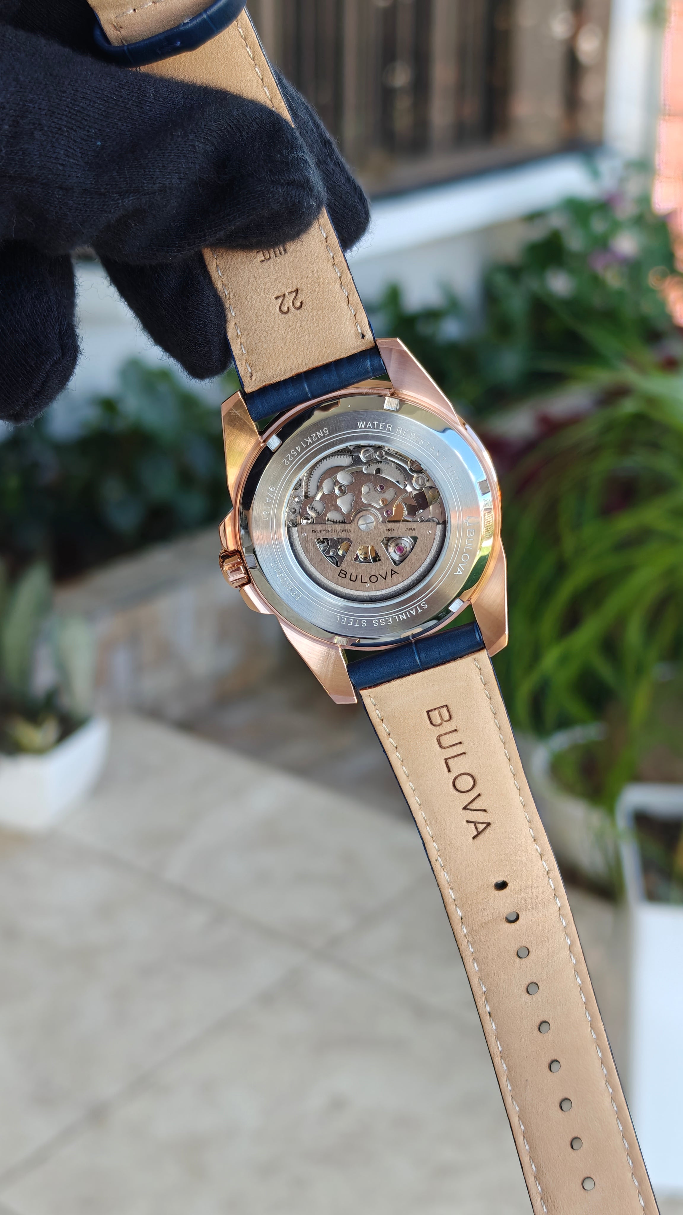 Bulova Sutton 97A161 – Automatic Skeleton Rose Gold & Blue