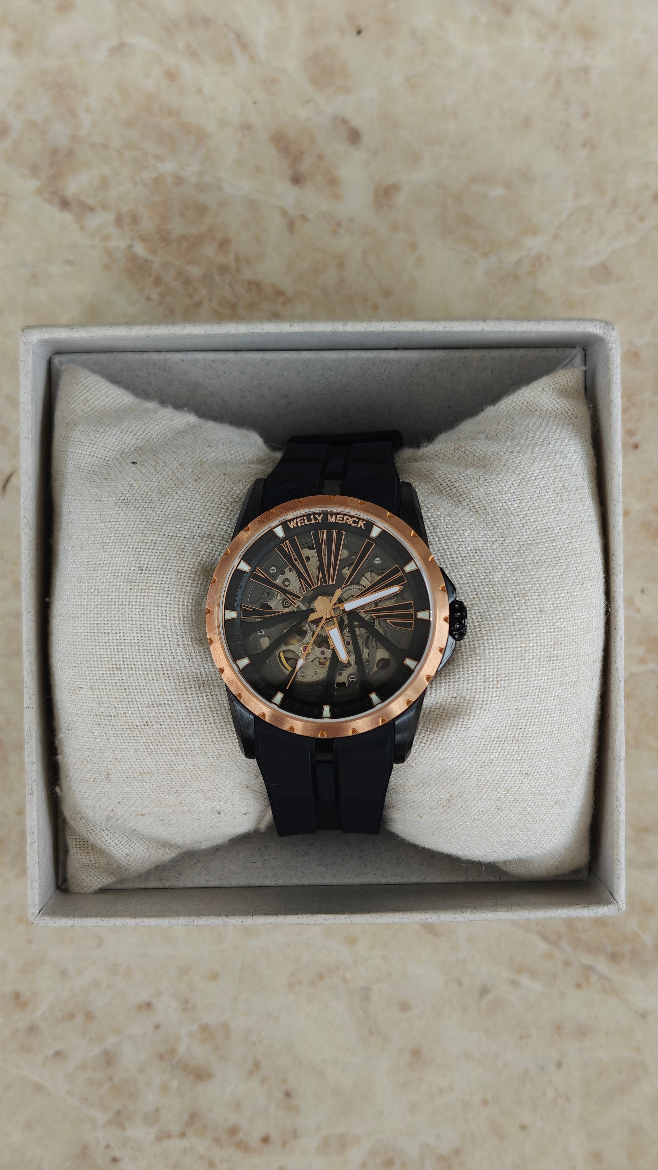 Welly Merck WM080 Skeleton Automático – Negro / Rose Gold