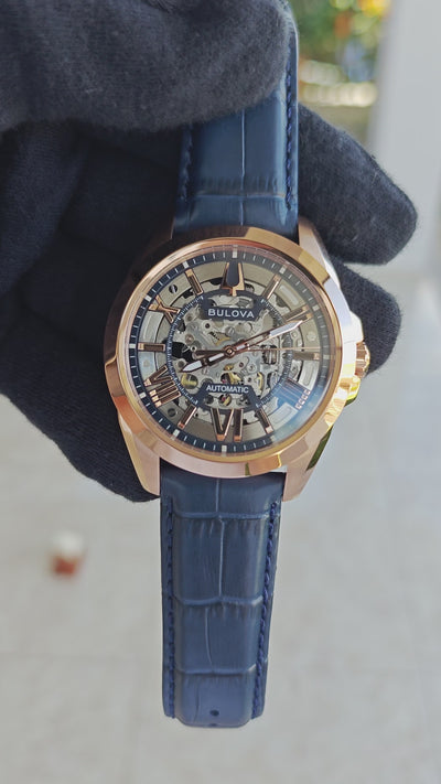 Bulova Sutton 97A161 – Automatic Skeleton Rose Gold & Blue